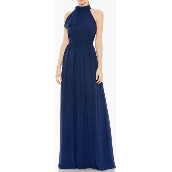 Ieena for Mac Duggal High Neck Ruched Chiffon A-Line Gown in Navy NWOT Size 4 - Picture 1 of 9